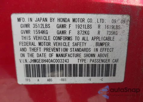 2010 Honda Fit Sport из США, поврежденный, VIN JHMGE8H40AC003243